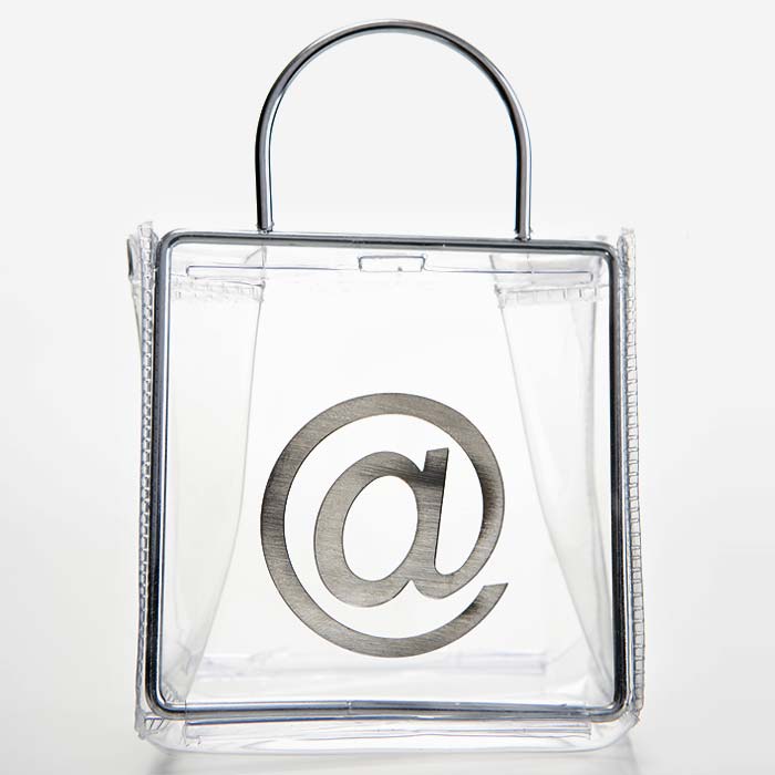 Clear plastic and metal shopping bag with @ symbol on it