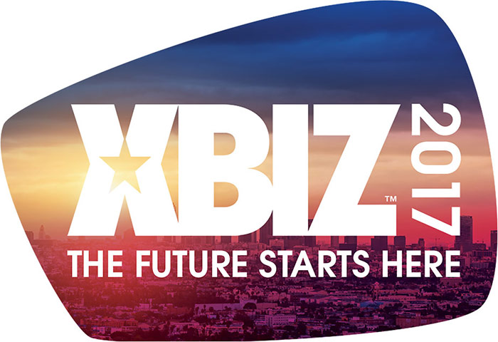 Photo background with XBIZ 2017 logo and white sans-serif type in center