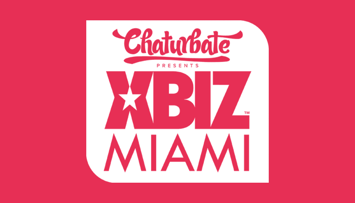 Pink background with overlaying white XBIZ Miami logo