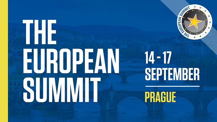 European Summit 2018 - White sans-serif type over blue-toned image