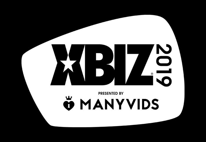 XBIZ 2019 Logo - White organic shape with knocked out sans-serif text inside
