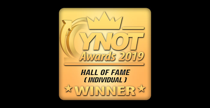 YNOT Hall of Fame Badge - Yellow and orange gradient square with round corners and sans-serif text inside