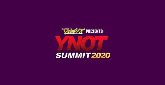 YNOT Summit 2020 Logo - Red white and gold sans-serif type over dark purple background