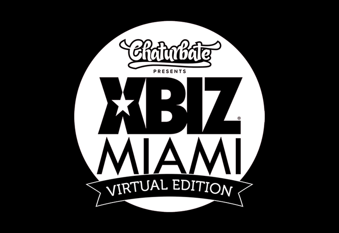 White XBIZ Miami logo and with sans-serif type in center on black background