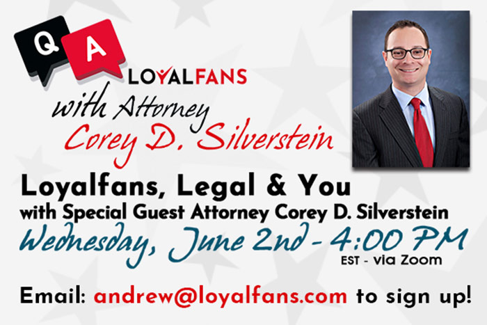 Loyalfans logo and headshot of Corey Silverstein with black red and blue text below