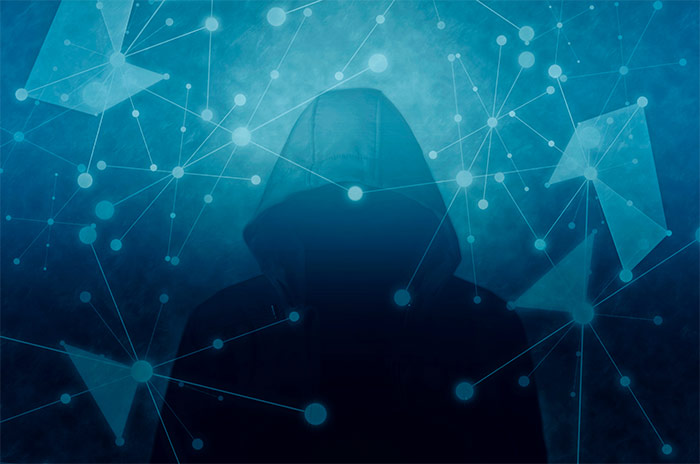 Digital piracy illustration showing hooded person with data lines