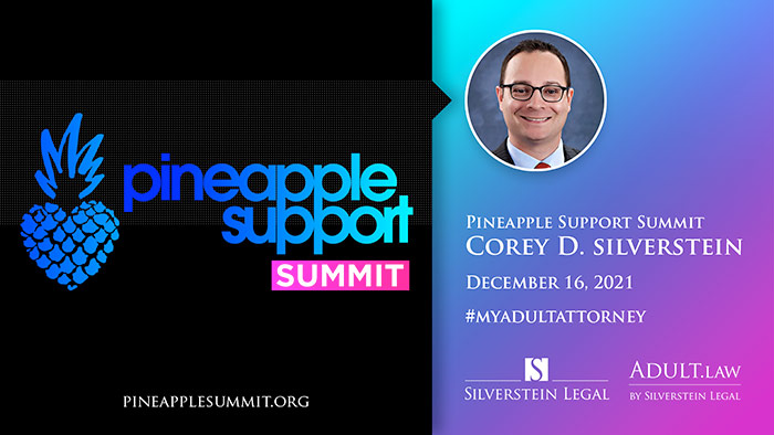 Pineapple Support Summit logo with headshot of Corey Silverstein and white serif type to right on aqua-blue-pink gradient background