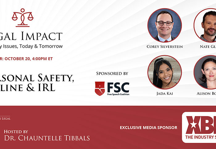 Legal Impact Logo With Black And Serif Type With Headshots And Red Color Block And Textured Background