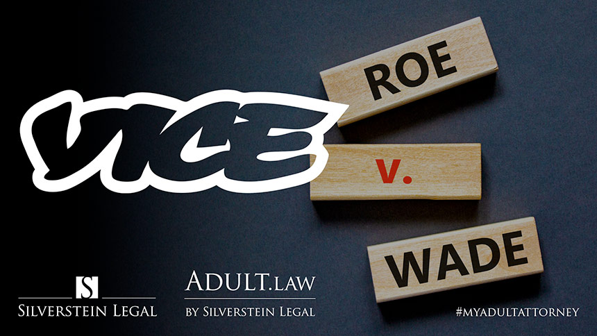 Photo of wood blocks that say Roe vs Wade with white Vice logo and Silverstein Legal logos overlaying