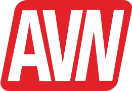 AVN Logo - White sans-serif type inside skewed red rectangle