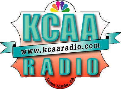 KCAA Radio Logo - Turquoise sans-serif type over red gradient and CBS peacock above