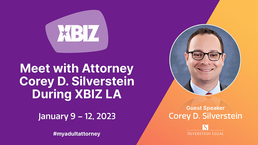 XBIZ logo with white serif type over purple and red-yellow gradient with headshot of Corey Silverstein
