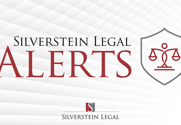 Silverstein Legal Alerts Logo Black And Red Serif Type With Gray And Red Shield/justice Icon To Right Overlaying Textured Background