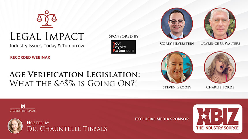 Legal Impact logo with black and serif type with headshots and red color block and textured background