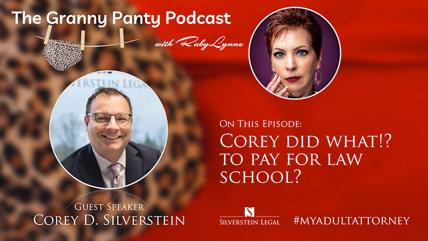 Graphic showing headshots of Corey Silverstein and Ruby Lynne with Granny Panty logo and white serif type over red photo with leopard print panties