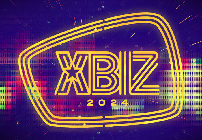 Graphic Showing Gold XBIZ Logo Over Colorful Digital Background