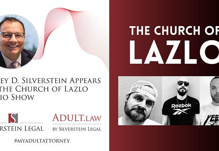 Graphic Showing Headshot Of Corey Silverstein And Church Of Lazlo Logo With White Serif Type Over Black And Red Gradient