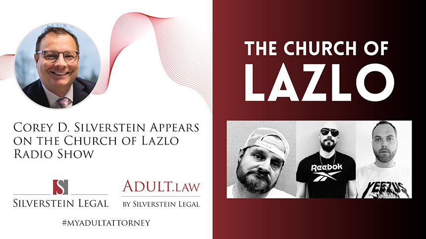 Graphic showing headshot of Corey Silverstein and Church of Lazlo logo with white serif type over black and red gradient