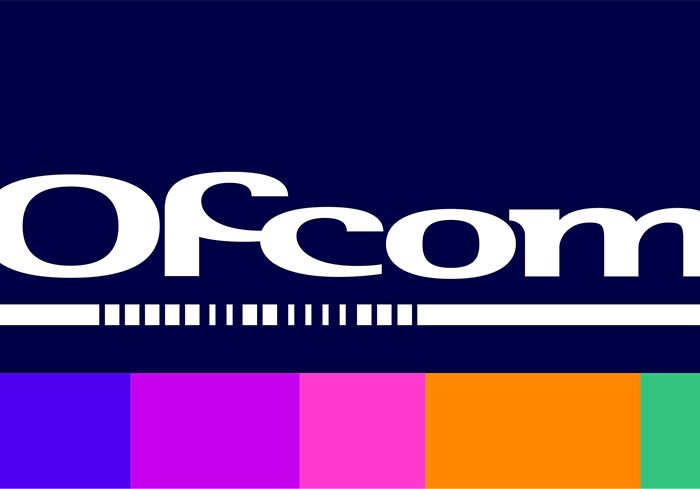 White Ofcom icon on navy blue background with blue, purple, pink, orange, and green boxes across the bottom