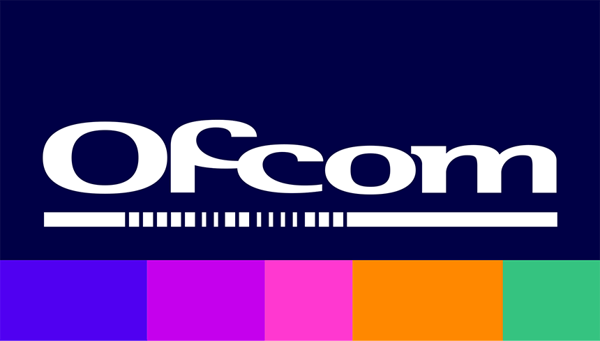 White Ofcom icon on navy blue background with blue, purple, pink, orange, and green boxes across the bottom