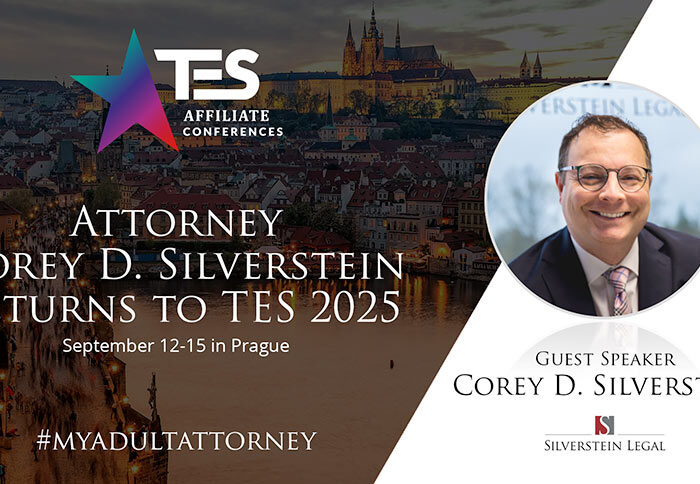 TES logo with white sans-serif type over dark photo of Prague and headshot of Corey Silverstein