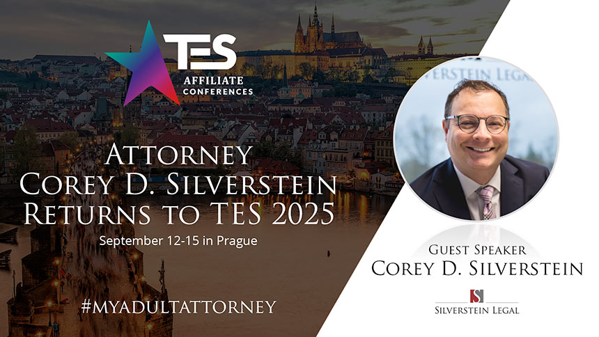 TES logo with white sans-serif type over dark photo of Prague and headshot of Corey Silverstein