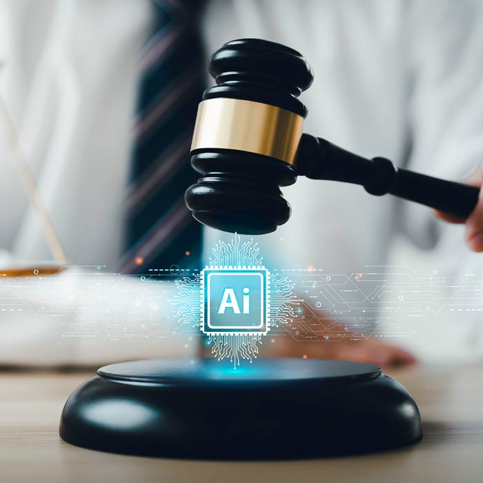 Photo of a gavel with illustrated AI icon