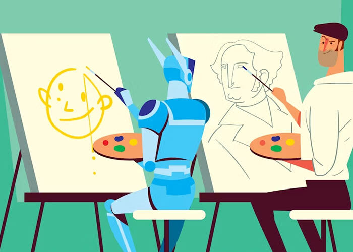 Illustration of a robot imitating person painting on a canvas