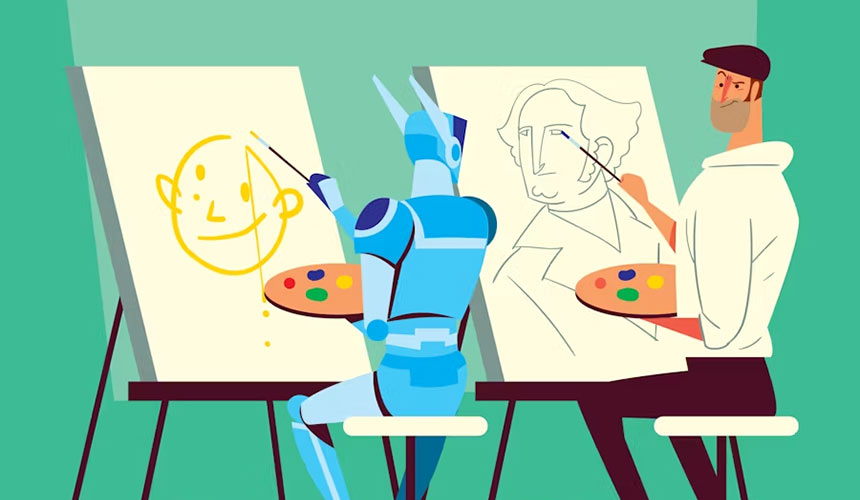 Illustration of a robot imitating person painting on a canvas