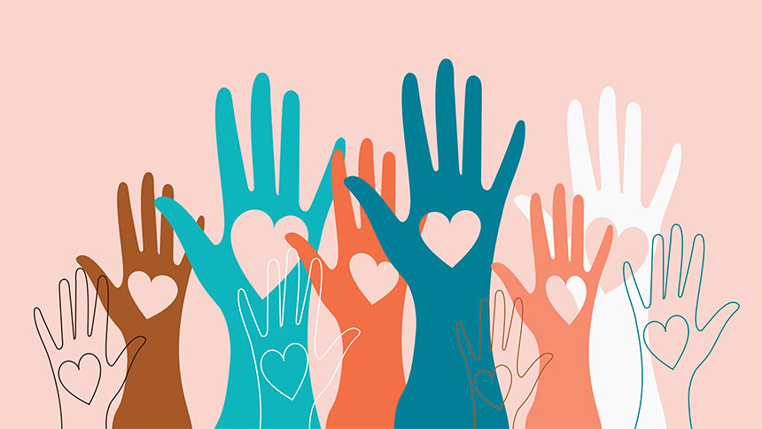 Illustration of raised hands with hearts in palms