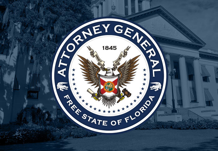 Photo of blue tone Florida Attorney General building with overlaying logo