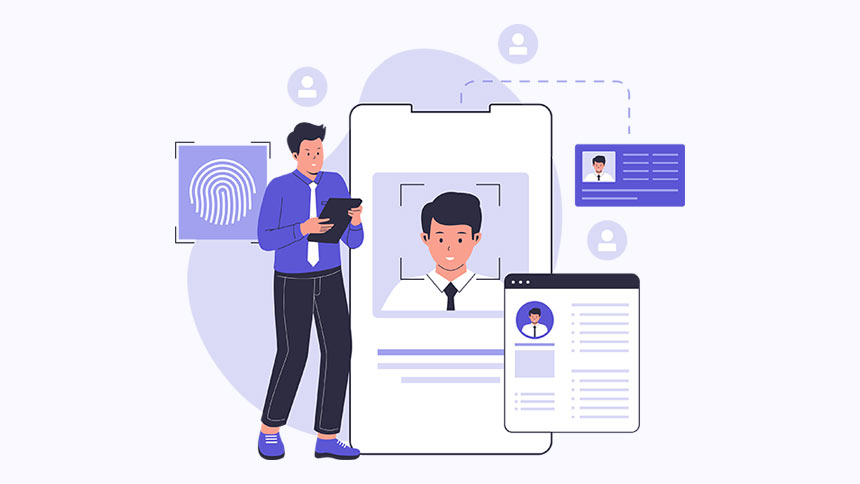 Illustration of a man using mobile devices for identity verification
