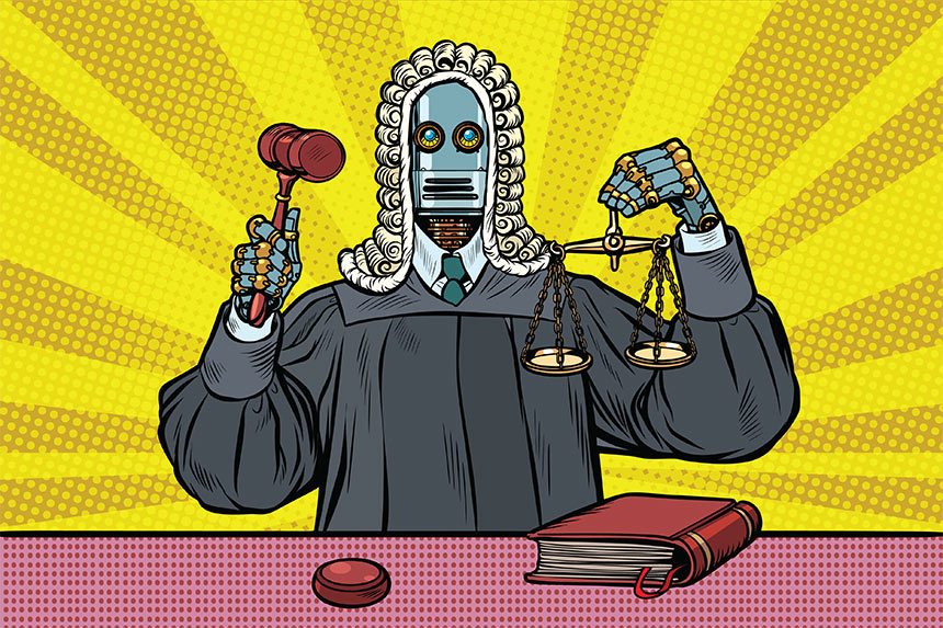 Illustration of robot judge holding gavel and scales of justice