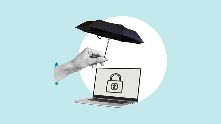 Graphic montage of a hand holding an umbrella over a laptop