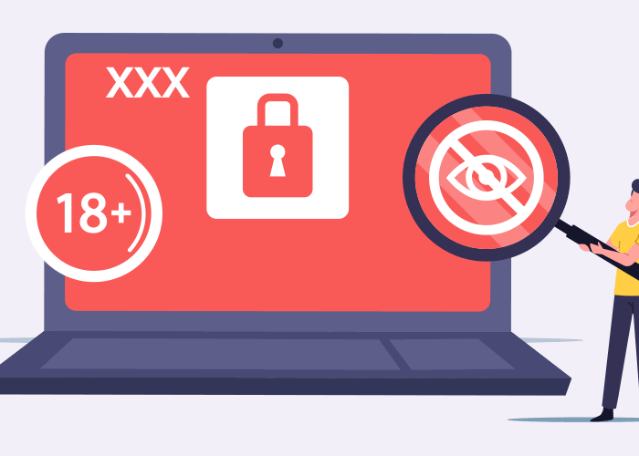 Illustration of a man holding a giant magnifying lgass over a laptop