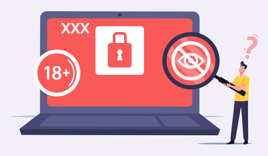 Illustration of a man holding a giant magnifying lgass over a laptop