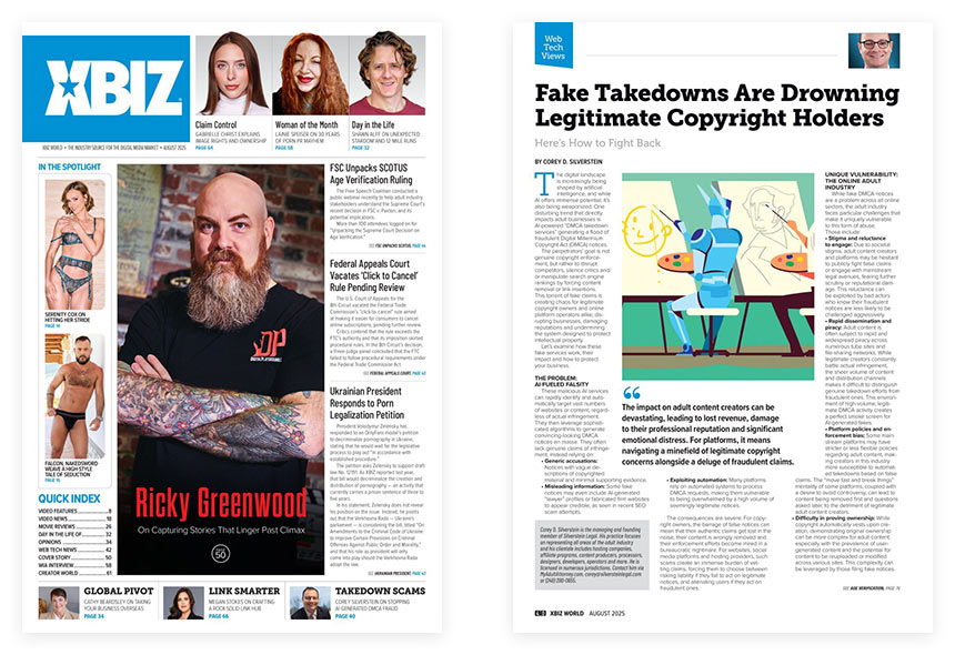 XBIZ World August 2025 cover and inner page showing Silverstein Legal article
