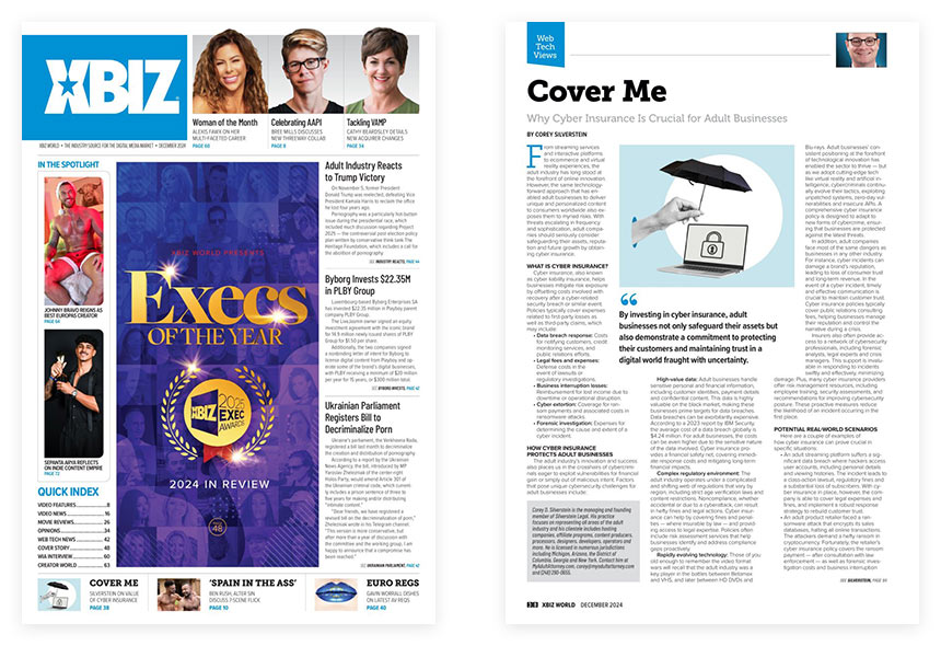 XBIZ World December 2024 cover and inner page showing Silverstein Legal article