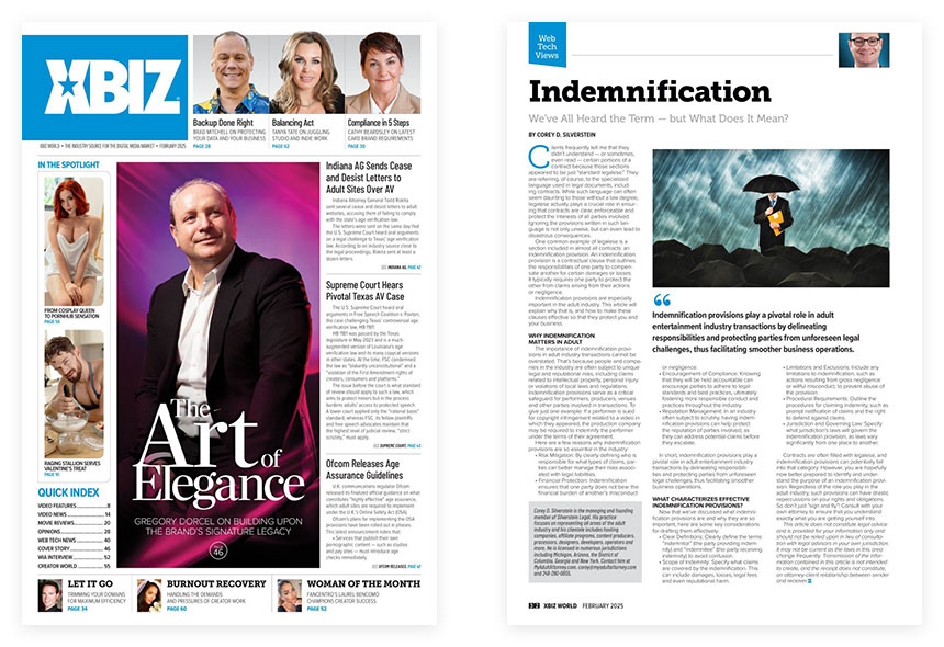 XBIZ World February 2025 cover and inner page showing Silverstein Legal article