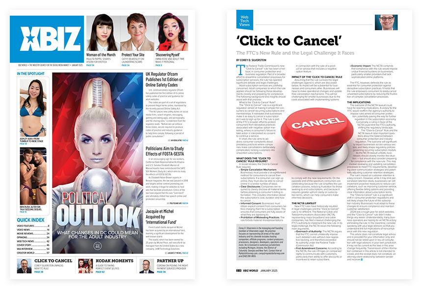 XBIZ World January 2025 cover and inner page showing Silverstein Legal article