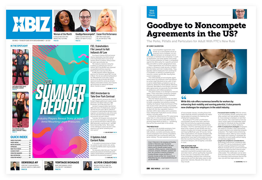 XBIZ World July 2024 cover and inner page showing Silverstein Legal article