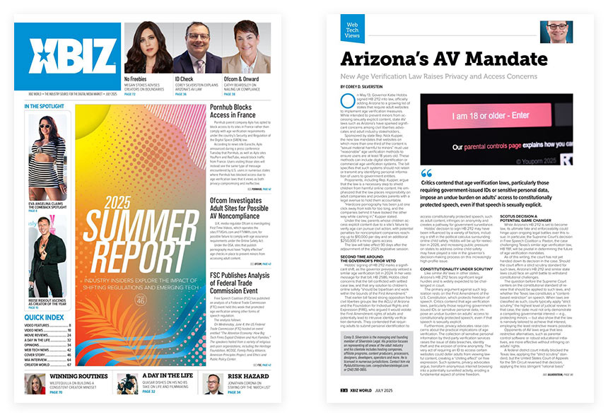 XBIZ World July 2025 cover and inner page showing Silverstein Legal article