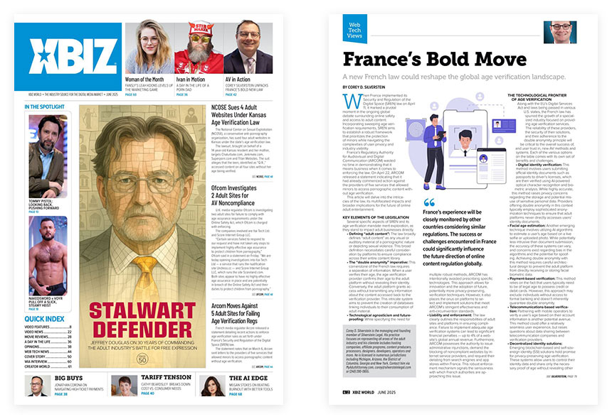 XBIZ World June 2025 cover and inner page showing Silverstein Legal article