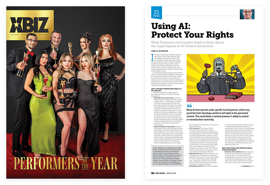 XBIZ World March 2025 cover and inner page showing Silverstein Legal article