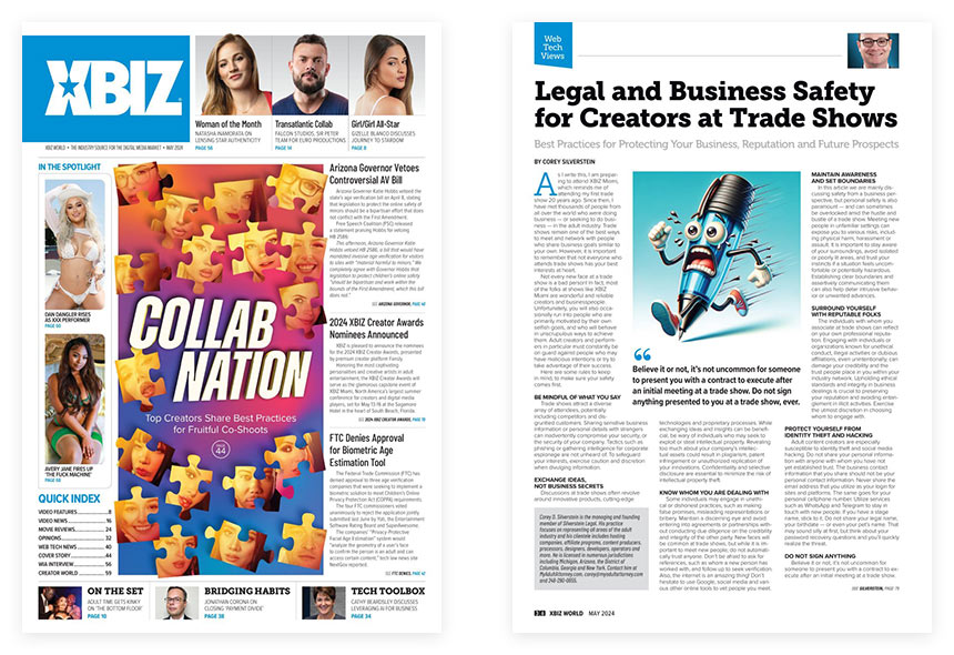 XBIZ World May 2024 cover and inner page showing Silverstein Legal article