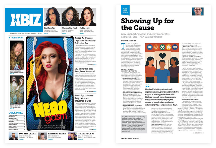 XBIZ World May 2025 cover and inner page showing Silverstein Legal article