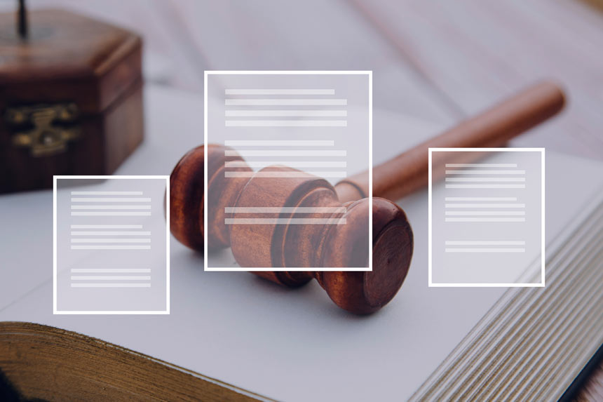 Photo of a gavel on an open book with overlaying illustrated document icons
