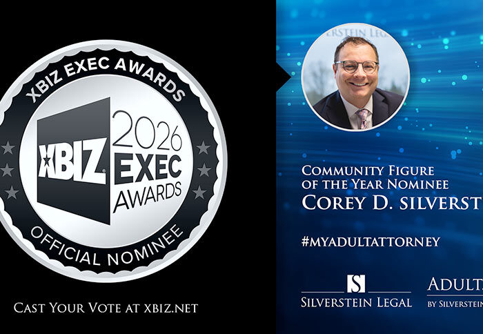 XBIZ 2026 Exec Nominee logo with headshot of Corey Silverstein and white serif type to right on sparkly blue background