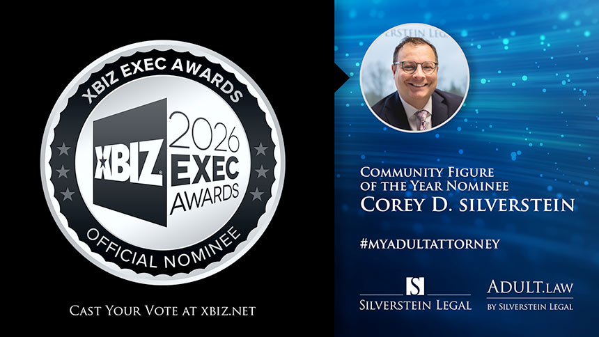 XBIZ 2026 Exec Nominee logo with headshot of Corey Silverstein and white serif type to right on sparkly blue background