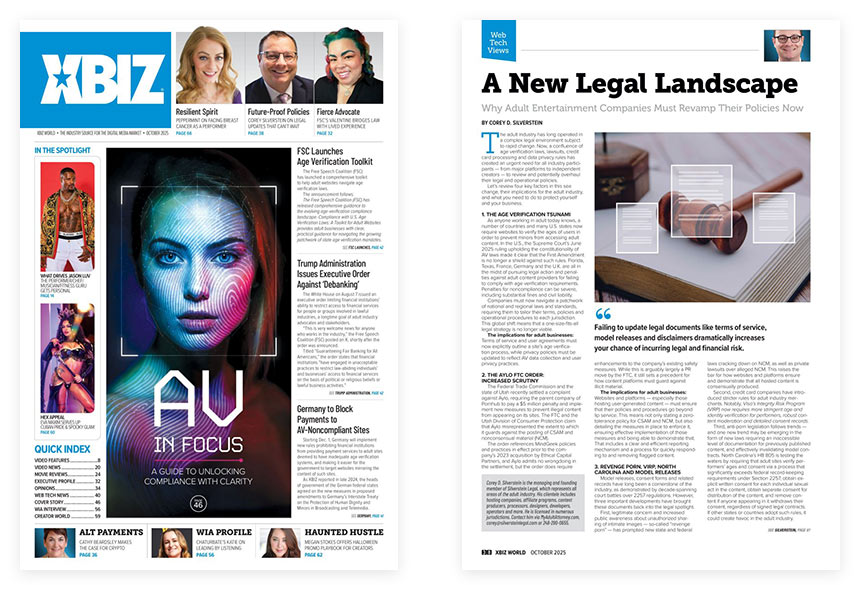 XBIZ World October 2025 cover and inner page showing Silverstein Legal article